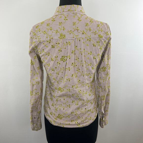 Odille Anthropologie Top Red Stripe Green Embroidered Eyelet Button-Down Shirt 4 - Picture 4 of 7
